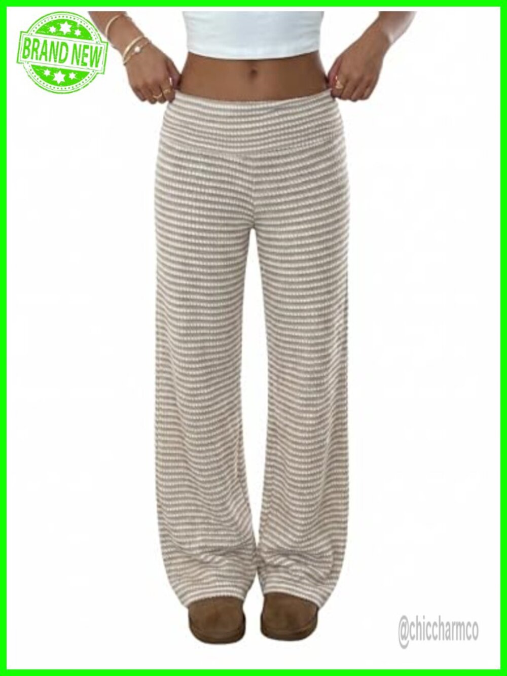 Women's Striped Knit Wide Leg High Waisted Lounge Pants Textured Drawstring